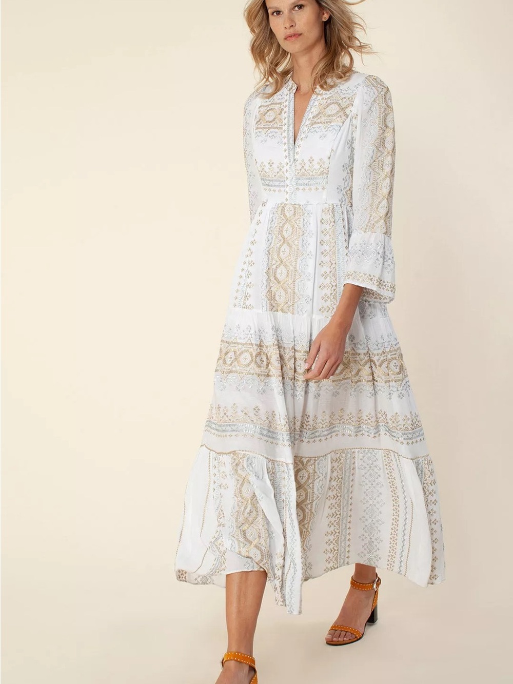 Hale Bob White Gold Embroidered Tiered Maxi Dress Size XS NWT